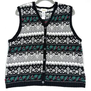 Vintage Christmas Sweater Vest Womens Large Fair Isle Holly Berry Talbots 90s